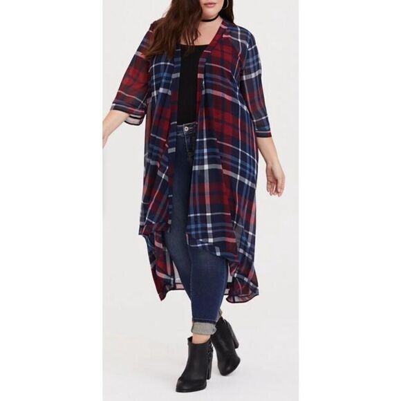 Torrid blue and red plaid Chiffon Maxi High-Low Kimono sz 1xl/2Xl - Picture 1 of 7